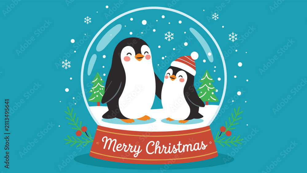 Obraz premium Adorable christmas snow globe with two cute penguins standing on snow with winter pine trees under falling snowflakes.
