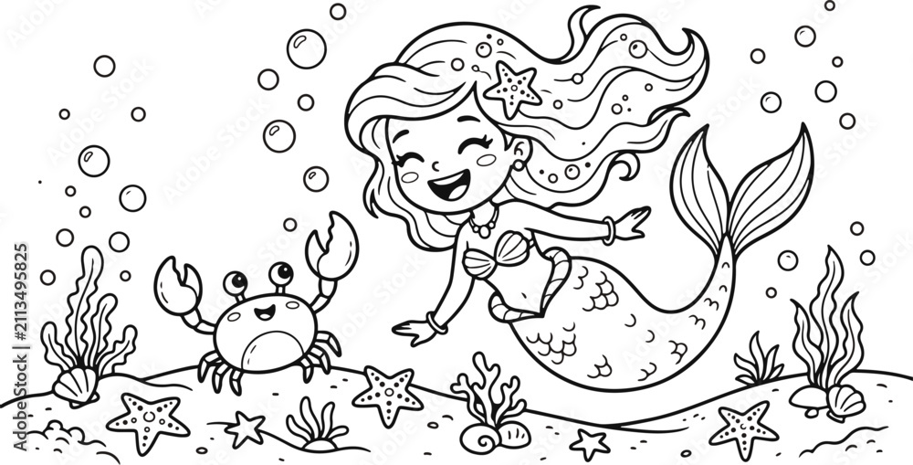 Fototapeta premium Cute little mermaid swimming underwater with a friendly crab in a beautiful ocean scene coloring page for kids