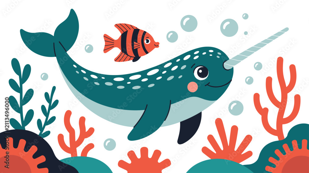 Fototapeta premium Cute cartoon narwhal swimming underwater in a coral reef with a little striped tropical fish, bubbles, and sea plants.