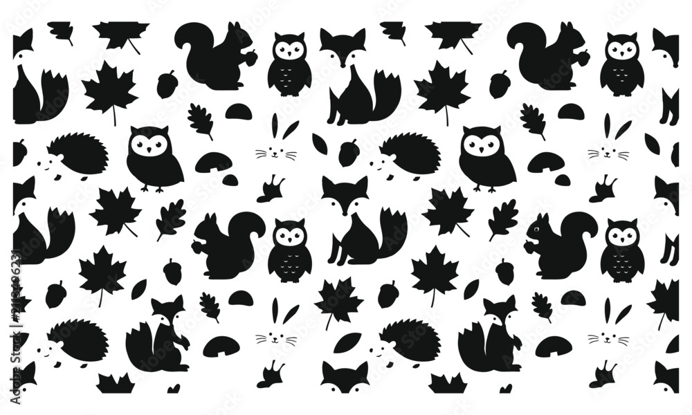 Obraz premium Animals and Nature Elements in Black and White Illustration Featuring Owl, Fox, Squirrel with Hedgehog and Rabbit Elements
