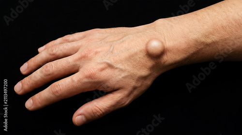 Hand with visible ganglion cyst on wrist, dorsal view skin