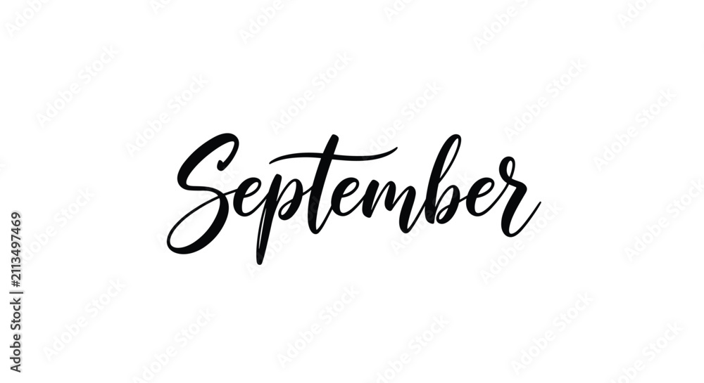 Fototapeta premium Calligraphic hand written word September in elegant black script lettering isolated on a solid white background.