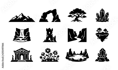 Fotografía Fantasy Landscape Icons Set, Nature Elements Vector Graphics, Magical Scenery Sy