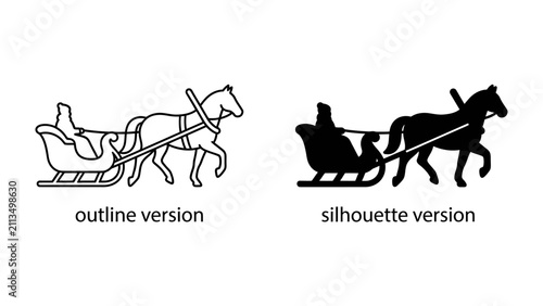 Foto Horse-drawn Sleigh Outline and Silhouette: Two distinct representations of a horse pulling a sleigh, one as a clean outline and the other as a stark silhouette