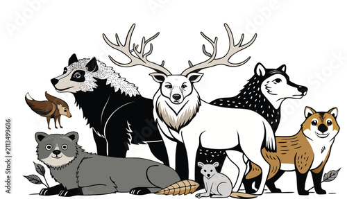 Canvas Print Boho Woodland Animal Family – Hand Drawn Black and White Forest Wildlife Vector