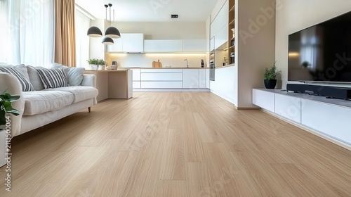 Modern living room and kitchen with light wood floor