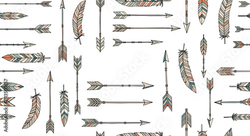 Tribal style seamless pattern with hand drawn native american feather and arrow illustrations on a white background.