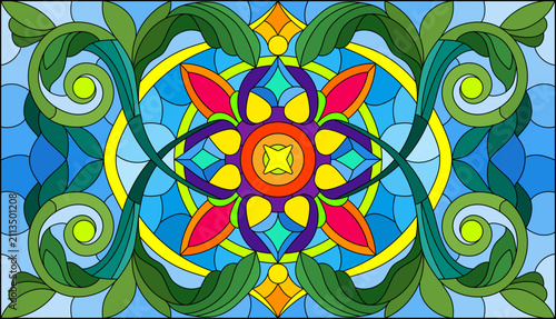 Illustration in the stained glass style with an abstract flower arrangement on a blue background, vertical image