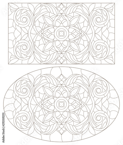 Set contour illustrations of stained glass with abstract swirls and flowers , horizontal orientation