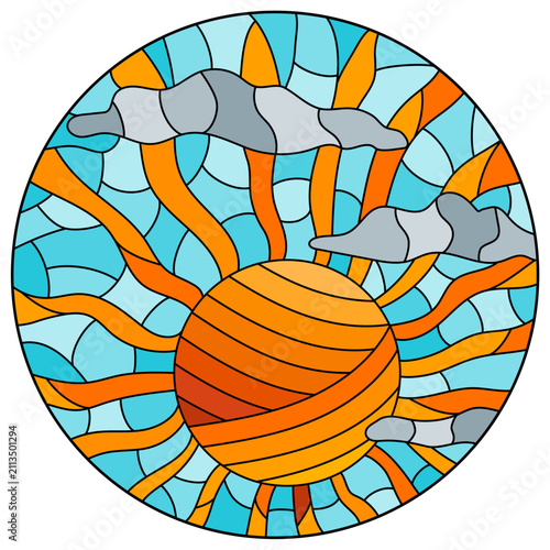 An illustration in the style of a stained glass window with an abstract sky, sun and clouds, oval image