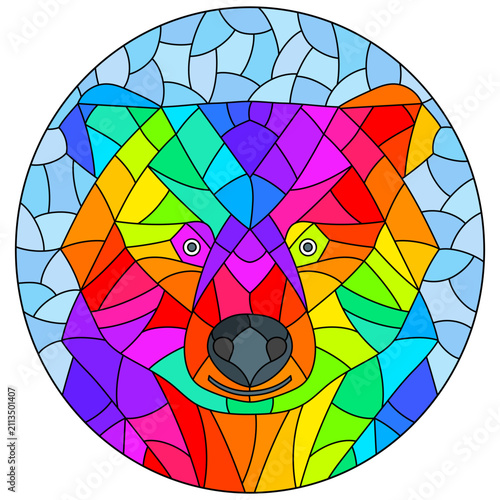 An illustration in the style of a stained glass window with an abstract bear's head