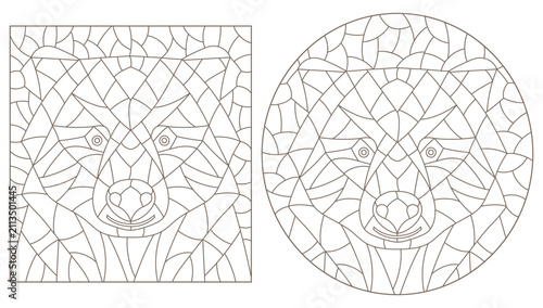 Set of stained glass window decoration with abstract bears' heads