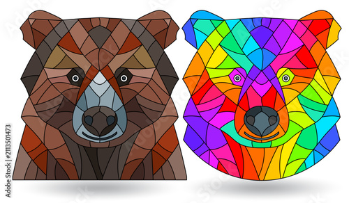 Set of stained glass window decoration with abstract bears' heads