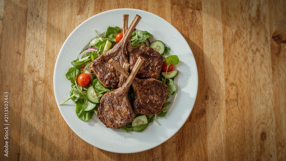 Fototapeta premium Fresh grilled lamb chops served on a white plate with salad greens, cherry tomatoes, and cucumber slices, placed on a wooden table.