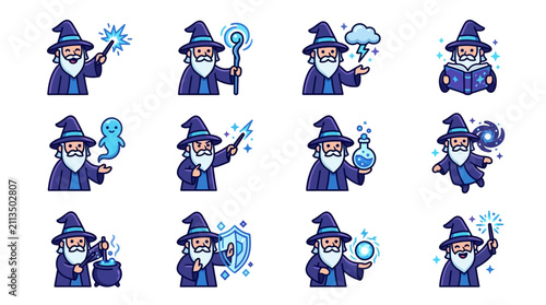 Canvas Print Cartoon wizard character casting magic spells with staff potions.
