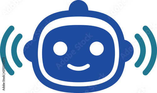 smiling blue robot face with sound wave ears for communication technology