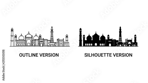 Konstfotografi Mosque Skyline: A detailed line art and silhouette representation of a mosque skyline, showcasing architectural grandeur and cultural significance in a clear, graphic format