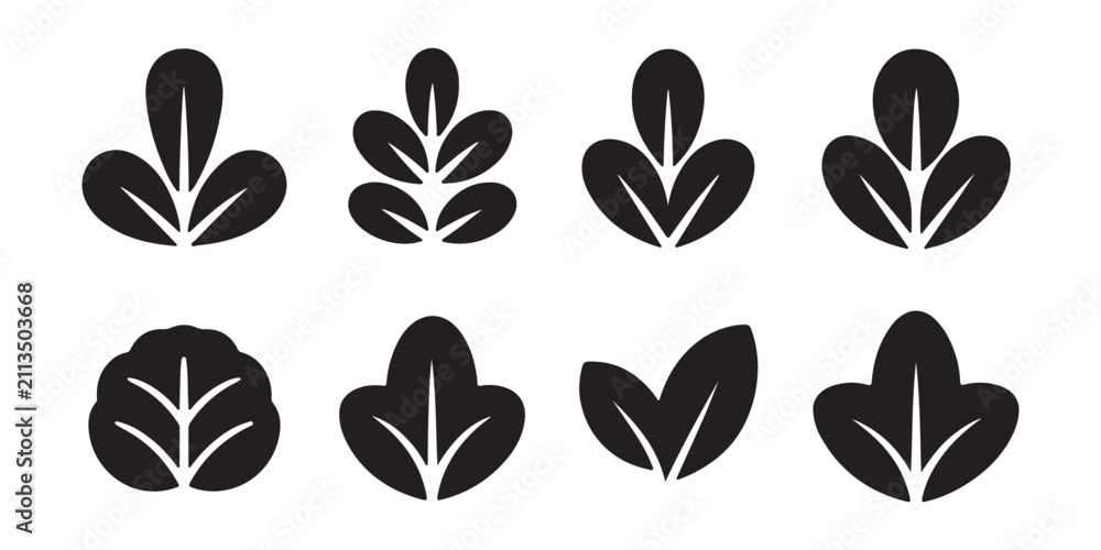 Obraz premium Set of black leaves and branches icons for design isolated on transparent background.