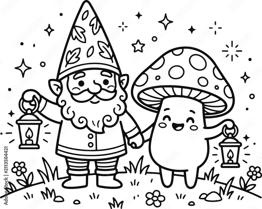 Fototapeta premium Cute garden gnome and happy mushroom character holding lanterns together in a magical forest coloring page for kids