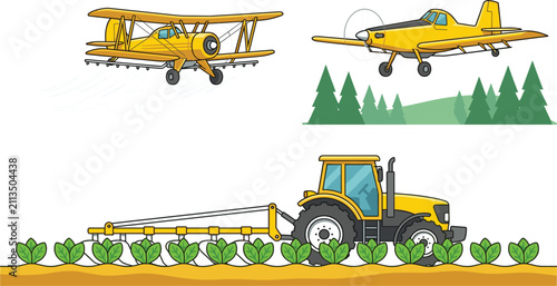 Foto Agricultural Aviation and Farming Machinery Set with Yellow Biplane Crop Duster