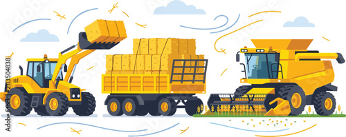 Industrial Agriculture Harvest Scene with Combine Harvester Yellow Front Loader Tractor Loading Straw Hay Bales onto Truck Trailer Vector Graphic