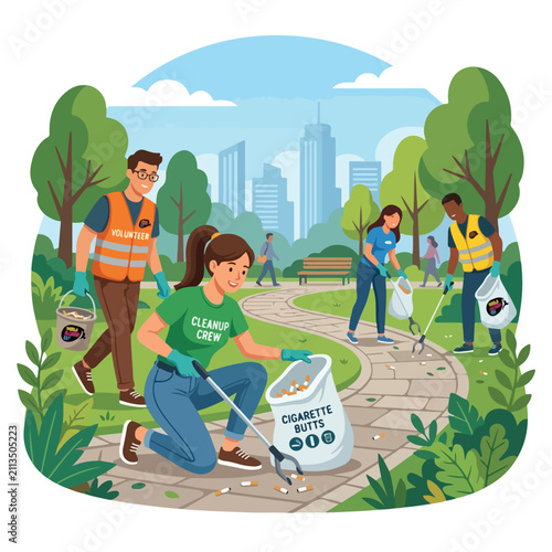 Volunteers participate in World Cleanup Day, collecting cigarette butts and litter in a city park with a skyline