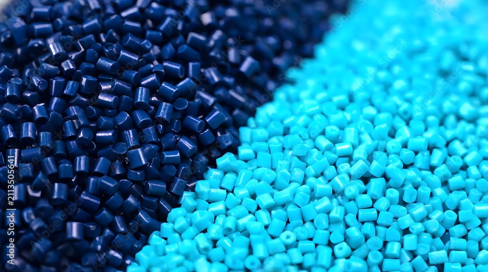 Fototapeta premium Raw thermoplastic granule material arranged in dual color contrast for injection molding ads