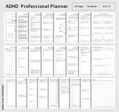 ADHD professional planner bundle printable 25 pages vector illustration interior layout neurodivergent focus tracker daily weekly monthly organizer template set no bleed 8.5x11 inches