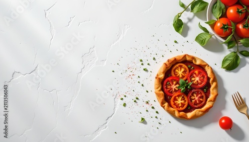 Savory heirloom tomato tart set in the bottom right corner on a bright white plaster background, in a sleek food photography style, with diffused daylight ambiance, ample free space, high resolution