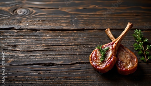 Savory rosemary lamb chops set in the bottom left corner on a weathered dark wood background, in a sleek food photography style, with subtle shadow play ambiance, ample free space, high resolution