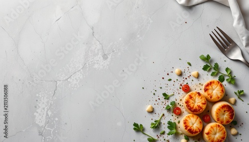 Savory seared scallops set in the bottom right corner on a polished light gray stone background, in a sleek food photography style, with clean high key ambiance, ample free space, high resolution