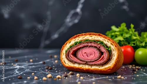 Savory beef wellington slice set in the bottom left corner on a dark marble background, in a sleek food photography style, with classic rich ambiance, ample free space, high resolution