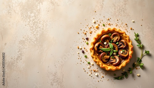 Savory mushroom tartlet set in the bottom right corner on a textured beige background, in a sleek food photography style, with delicate side lit ambiance, ample free space, high resolution