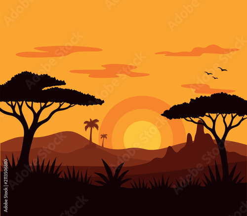 Photography african savanna landscape at sunset featuring a girafe and an elepant silhouette
