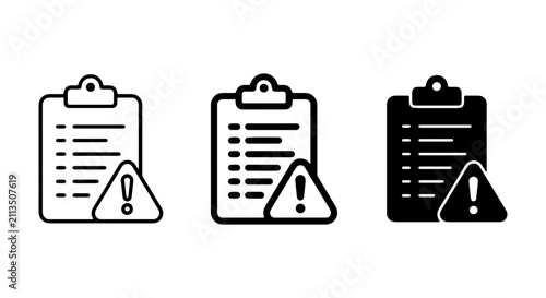 Clipboard Warning Icons, Checklist Alert Symbols, Document Danger Sign Vector Set