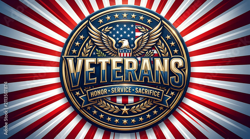 Strong patriotic veterans service emblem graphic illustration featuring military honor badge on a dynamic red white blue background