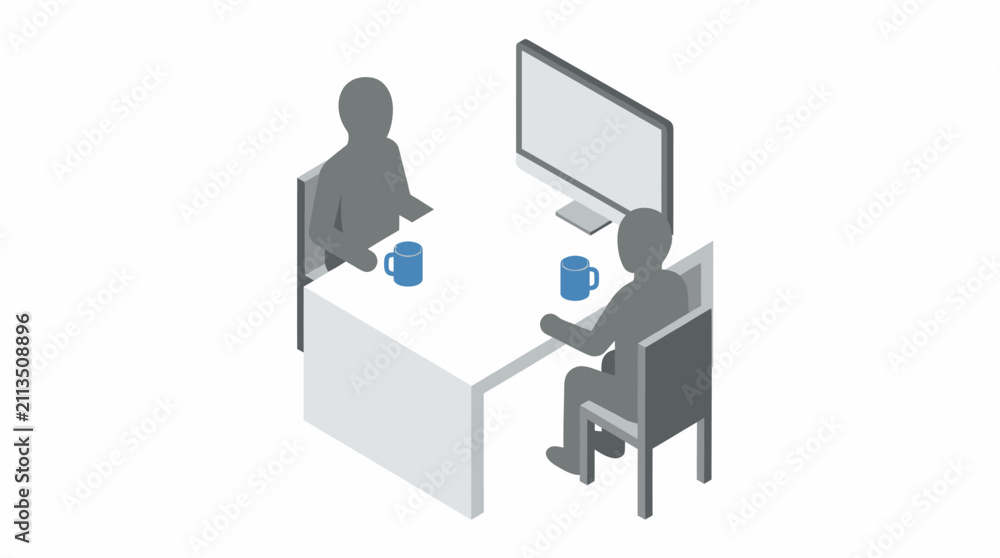 Fototapeta premium Isometric office scene with two people meeting at a desk
