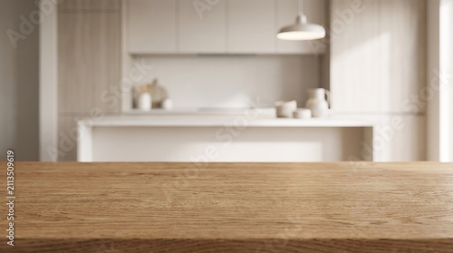 Natural oak wooden desk with generous copy space, foreground focus against contemporary kitchen interior, premium product mockup