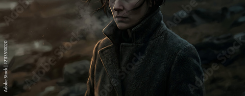 Dramatic cinematic portrait of a mysterious person in a flowing dark winter coat captured in soft low light