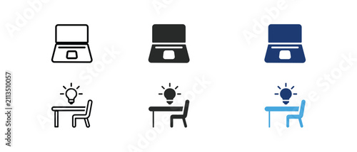 Laptop computer and idea workspace icon set, creative thinking desk linear and flat vector illustration