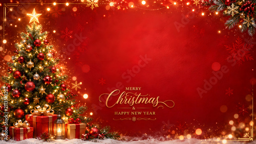 Christmas tree with gifts on red background, isolated on a, transparent background
