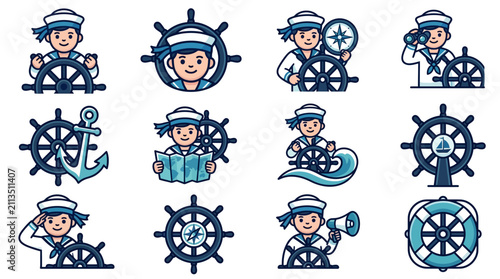 Canvas Print Ship wheel and anchor icons with sailor characters.
