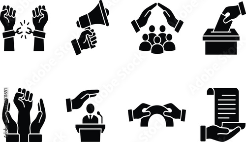 Black Human Rights and Civil Liberties Silhouette Icon Set Featuring Broken Chains, Megaphone, Voting, and Freedom Concepts