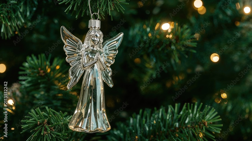 Obraz premium A Christmas tree ornament angel hanging from a pine tree, decorated for the holiday season.