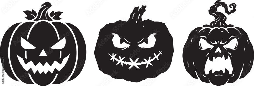 Obraz premium Set of three creepy jack o lantern pumpkins black silhouette vector