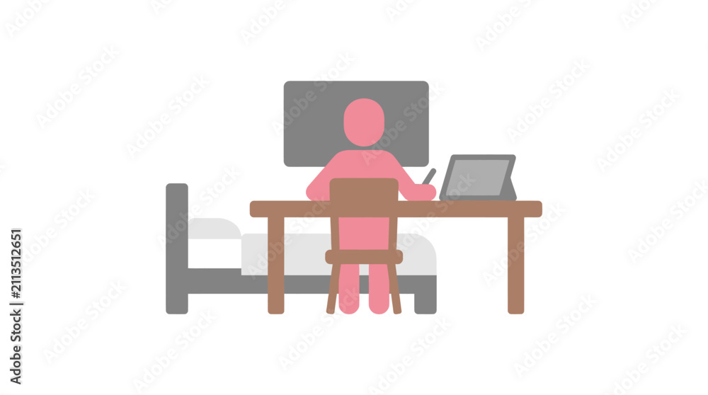 Fototapeta premium Minimalist illustration of person working at desk in home bedroom