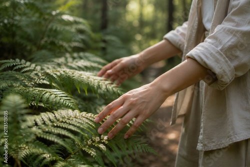 Hands brushing fern leaves