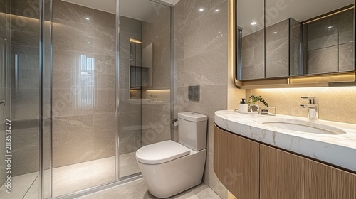 Modern bathroom with shower,toilet,and vanity
