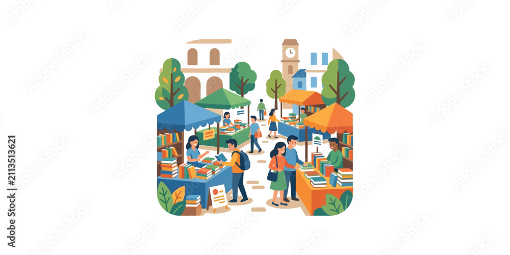 Naklejka premium Vibrant outdoor street market illustration featuring diverse people shopping at stalls.