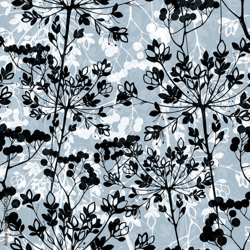 Bild auf Leinwand Decorative seamless paper, decoupage paper, and textile featuring an artistic botanical pattern with elegant floral silhouettes, herbs, and delicate nature motifs in a stylish aesthetic